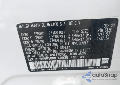 2022 Honda Hr-V Awd Ex from USA, damaged, VIN 3CZRU6H50NM760930